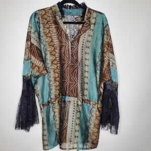 Vintage Flare Sleeve Sheer Lace Tunic Made in France Floral Boho Top L/XL Fairy